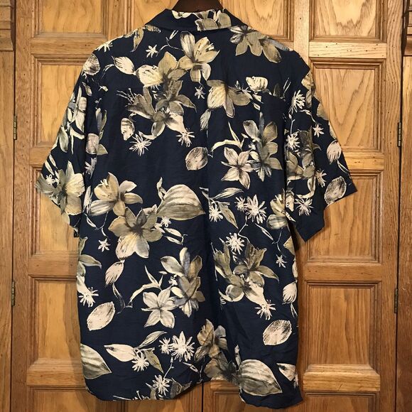 Brandini Pure Silk Hawaiian Shirt Men's L Navy Tan Floral SS Top Loop Button Up - Picture 7 of 11
